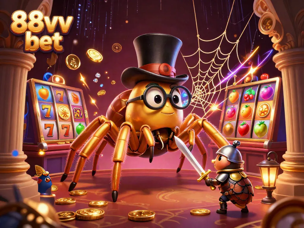 Engage with 88vv bet in this dynamic web of golden entertainment surrounded by vibrant slot elements.