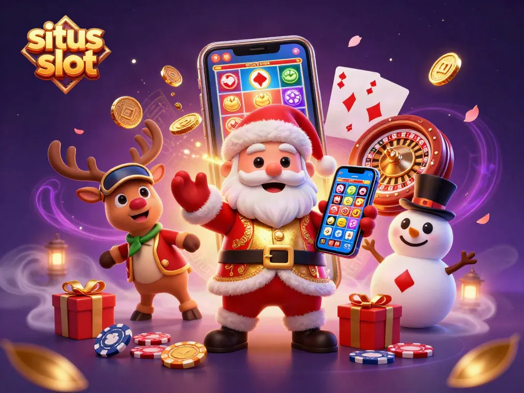 Play exciting situs slot games with Santa and his friends in this vibrant casino scene.