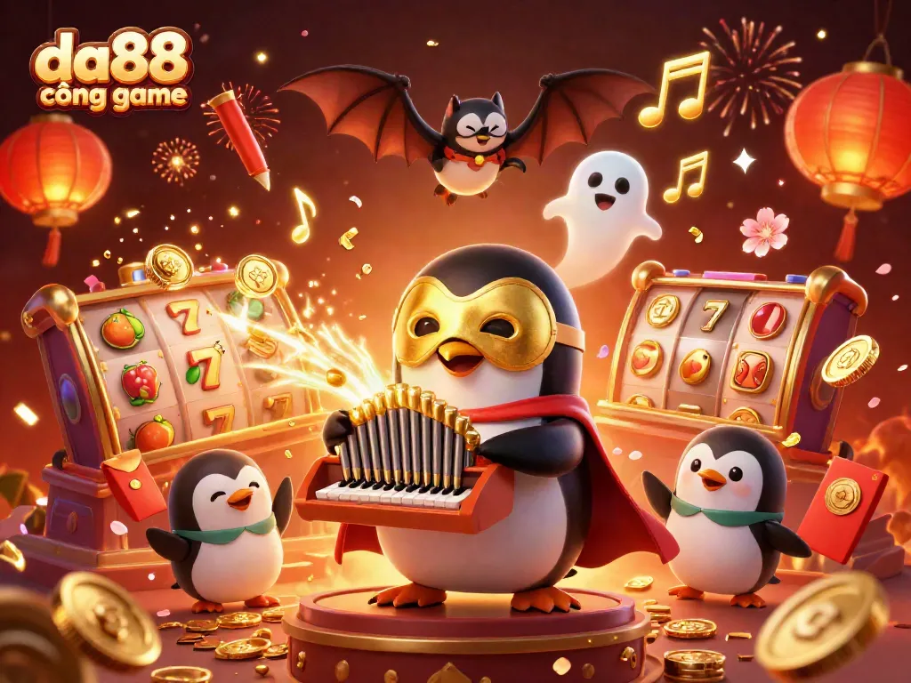 Happy penguin playing organ surrounded by casino elements in a vibrant da88 cổng game illustration.