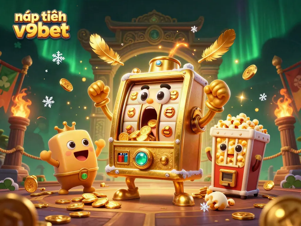 Engage in thrilling nạp tiền v9bet adventures with a dynamic 3D cartoon slot machine experiencing a jackpot surprise surrounded by cheering companions.