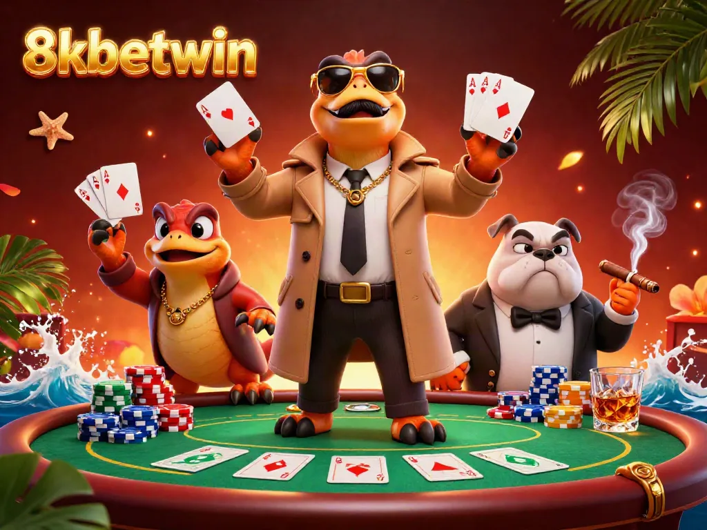 Experience thrilling card games with 8xbetwin's unique raptor characters in a vibrant casino scene.
