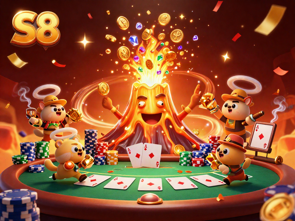 S8's 3D golden volcano erupts treasure in a vibrant casino scene filled with poker elements.