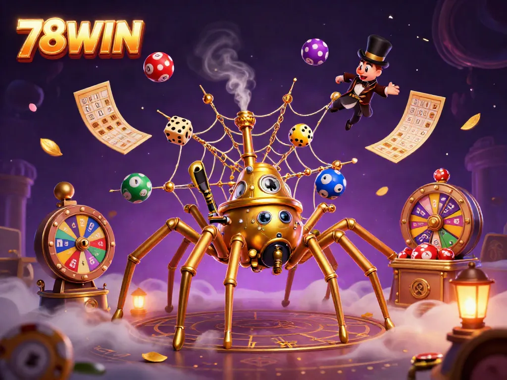 Experience excitement at 78WIN while the golden spider catches dice in a captivating casino scene.