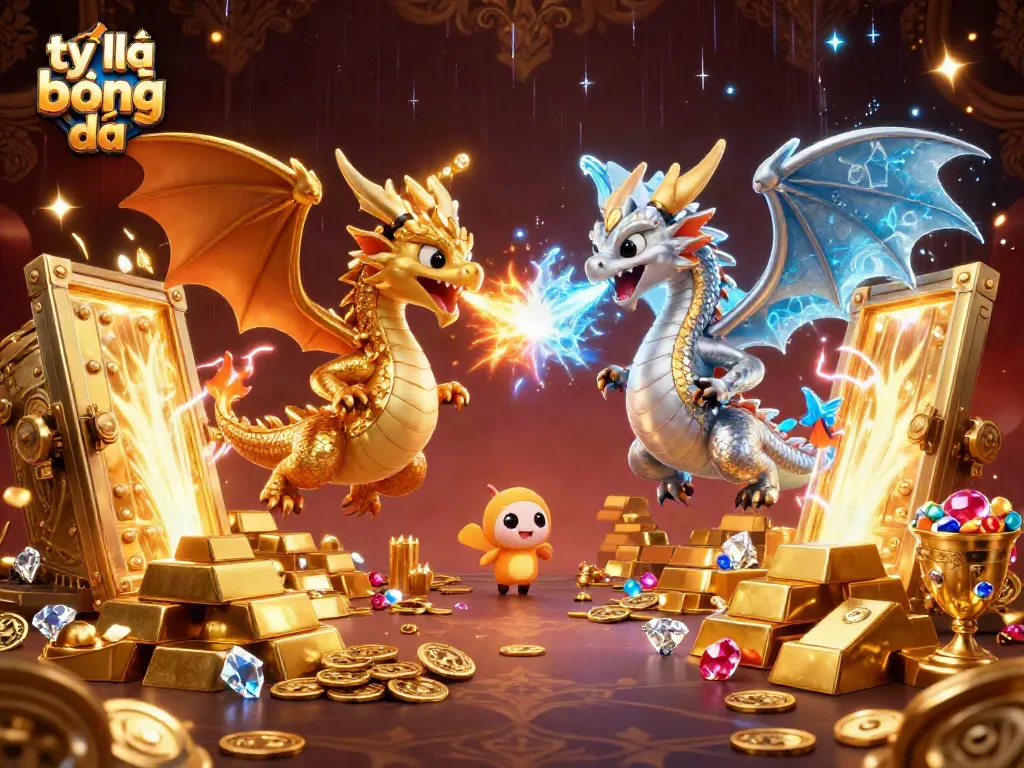 Betting on tỷ lệ bóng đá with vibrant dragon-themed elements and golden treasures