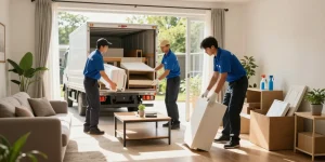 Efficient house clearance service removing furniture and household items from a clean living room.