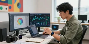 Male tech enthusiast showcasing a smart ring's features in a modern office environment, with health metrics displayed on screens and vibrant decor.