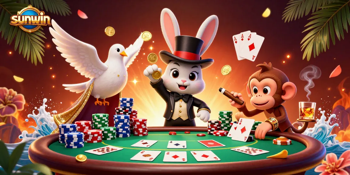 Experience sunwin action as a magician rabbit pulls coins while a dove and monkey create excitement at the poker table.