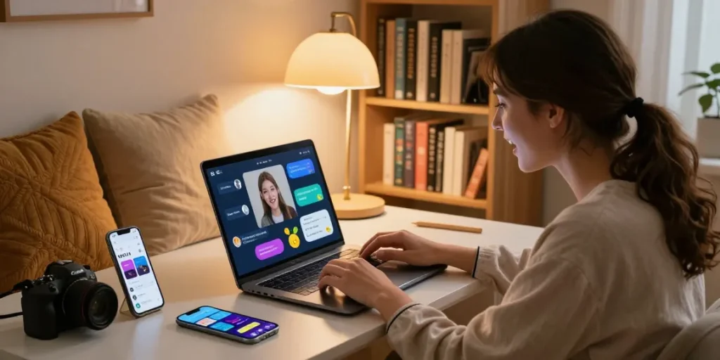 A user exploring ai nsfw interactions on a laptop in a cozy home atmosphere with colorful visuals on the screen.