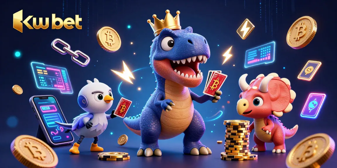 Engage with ku bet through a vibrant scene featuring cartoon dinosaurs illustrating exciting card games and gaming elements.
