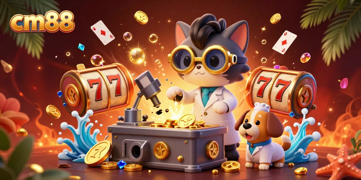 Experience the thrill of cm88 slots with vibrant scenes of a lab cat and dog amid dazzling casino elements.