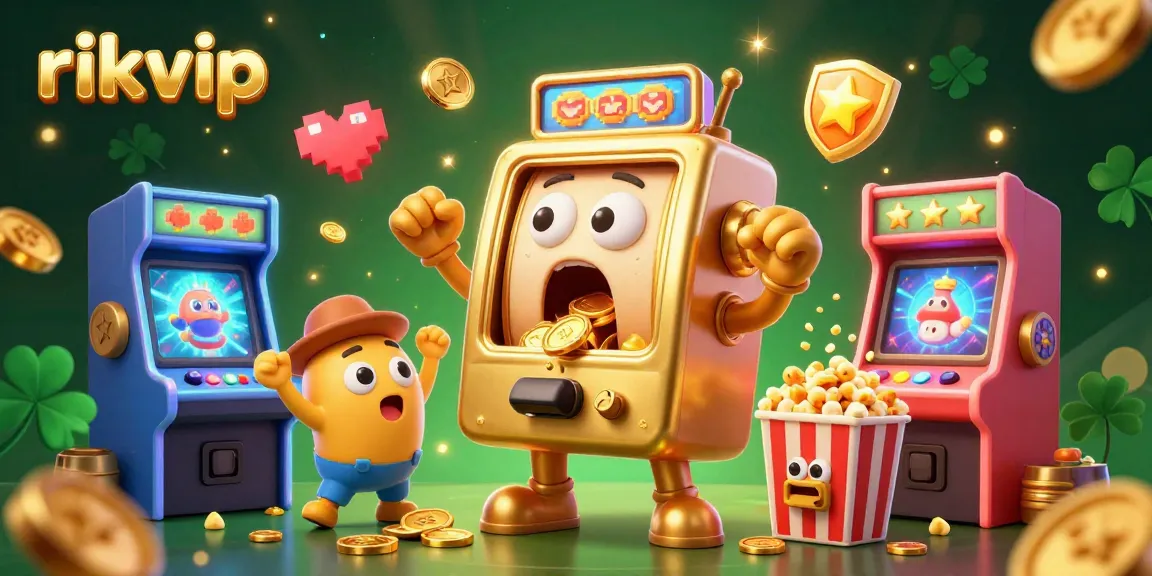 Experience the excitement of rikvip with a vibrant scene of a golden slot machine hitting a jackpot, showcasing colorful game elements.