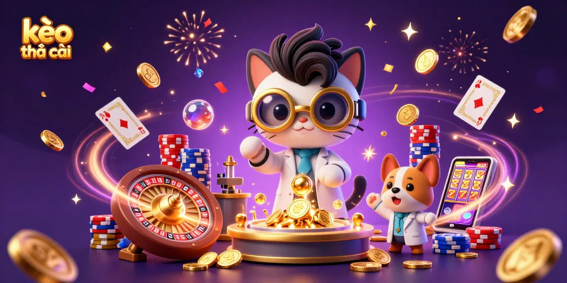 Engage with kèo nhà cái in a vibrant scene featuring mad scientist cat and loyal dog among cascading coins and rolling roulette wheels.