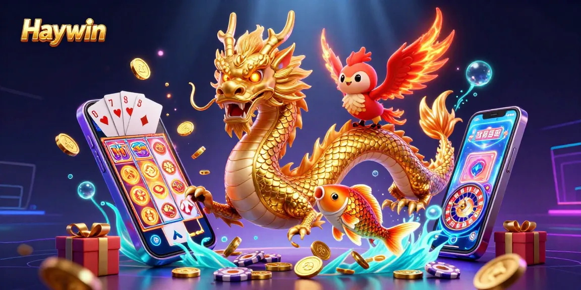 Spin the reels with Haywin's captivating slots, featuring a golden dragon and phoenix in a dazzling casino scene.