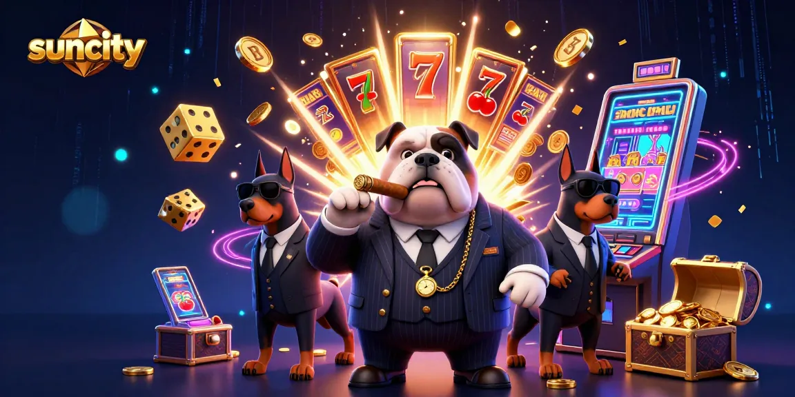Experience big wins at Suncity Casino with a vibrant 3D scene of a bulldog and bodyguards surrounded by slot games.