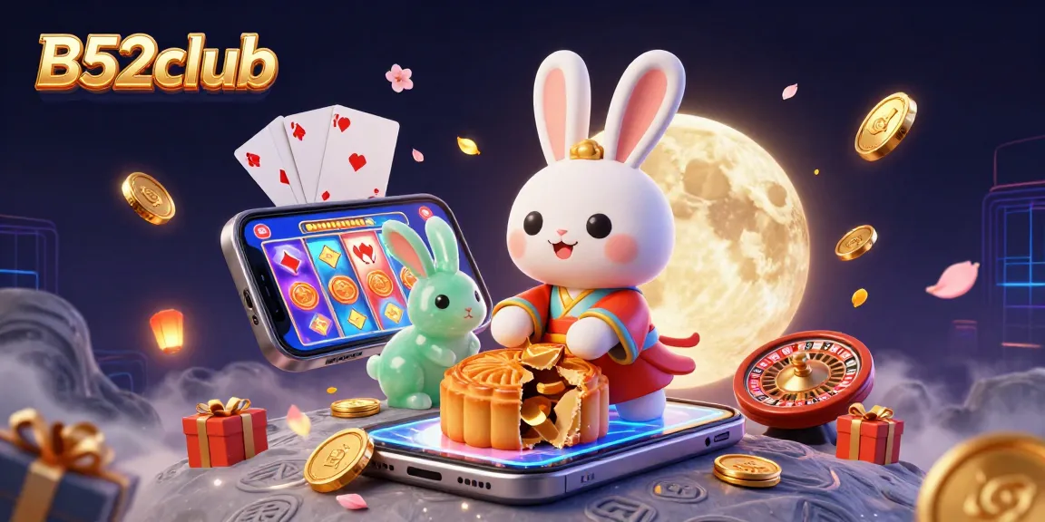 Win big in B52club with a lively 3D scene featuring moon rabbits and casino elements.