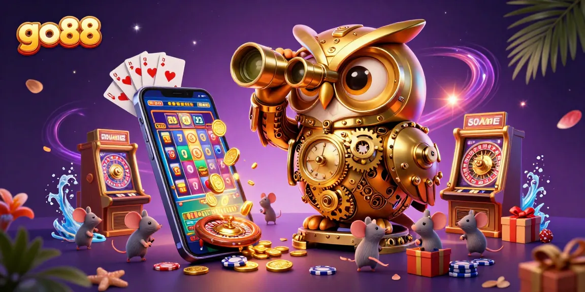 Spin vibrant slot games with go88's golden owl and wind-up mice in a lively casino.
