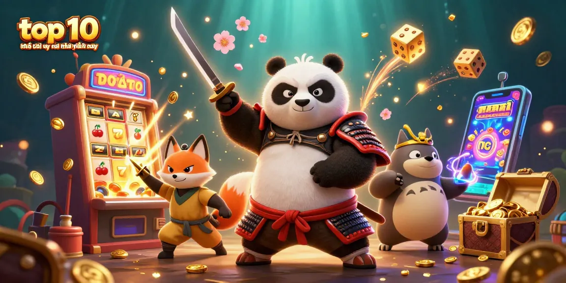 Engage with the top 10 nhà cái uy tín nhất hiện nay through this dynamic 3D illustration showcasing samurai and ninja characters, vibrant slot machines, and casino elements.