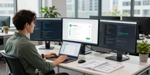 WhatsApp下載 showcased in a modern development workspace, highlighting app design and coding.