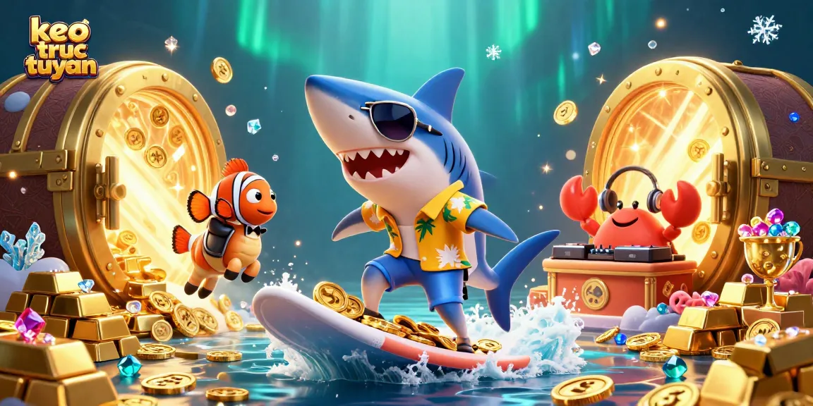 Bet on keo truc tuyen with vibrant underwater casino scene featuring cartoon shark and treasures