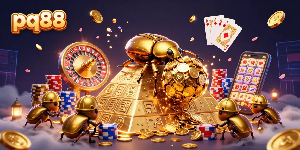 Experience the thrill of pq88 as a golden dung beetle rolls coins in a vibrant casino scene.
