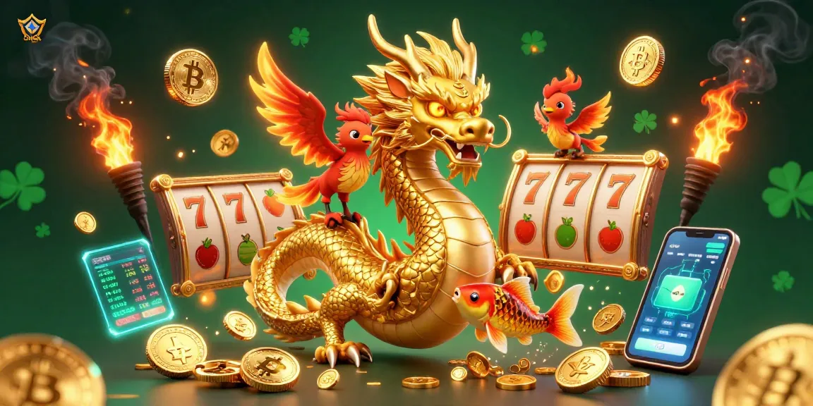 Play exciting slots and win with daga featuring dragon and phoenix amidst golden coins and vibrant game elements.