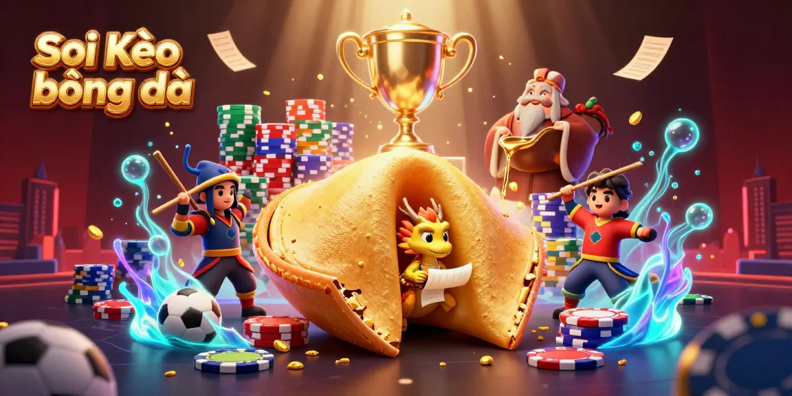 Soi Kèo bóng đá scene showcasing a golden fortune cookie, wise dragon, and vibrant sports elements.