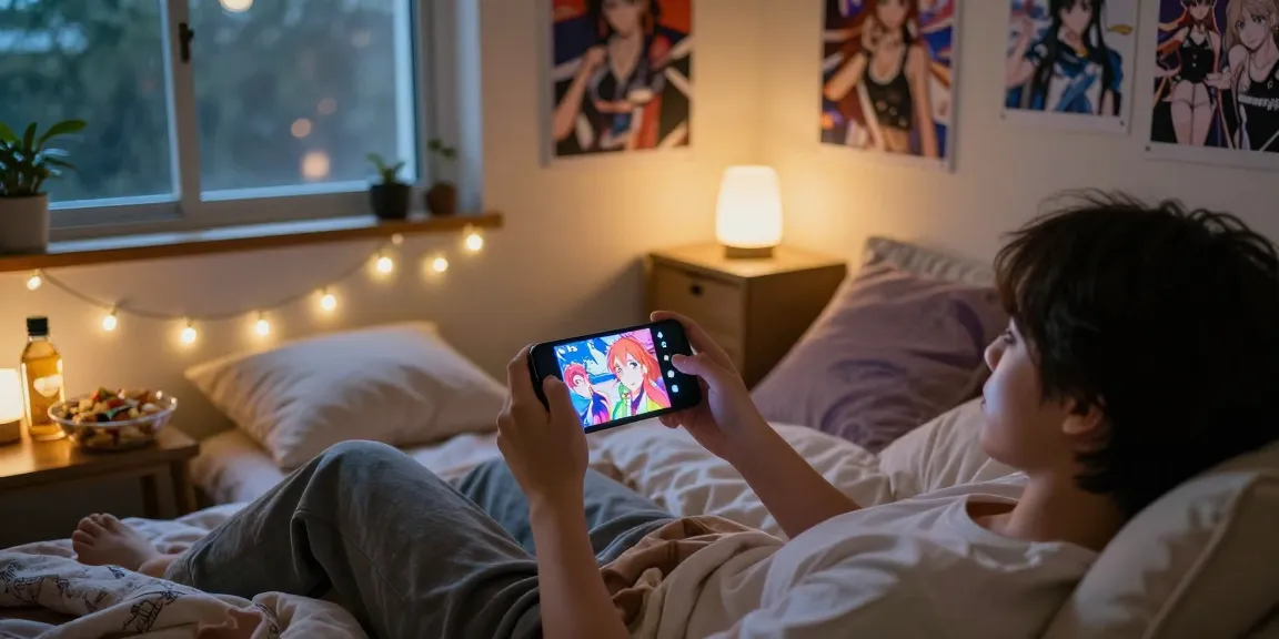 Engaging with a hentai game in a cozy bedroom, highlighting vibrant graphics and intimate gaming atmosphere.