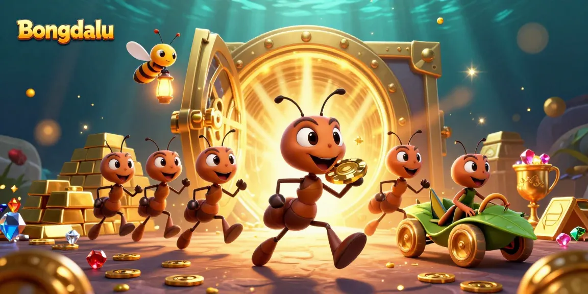 Bongdalu showcases ants carrying a giant poker chip amidst a treasure scene rich with gems and gold.