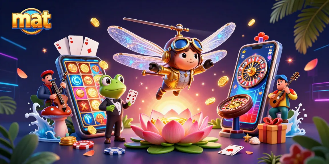 Experience thrilling wins at mat featuring a dragonfly pilot and frog dealer in a lively casino scene.