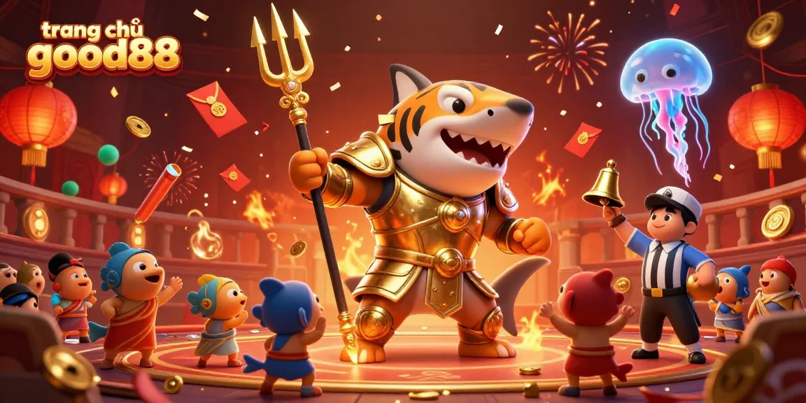 Experience the excitement of trang chủ good88 in a vibrant underwater casino scene featuring a tiger shark in gladiator armor.