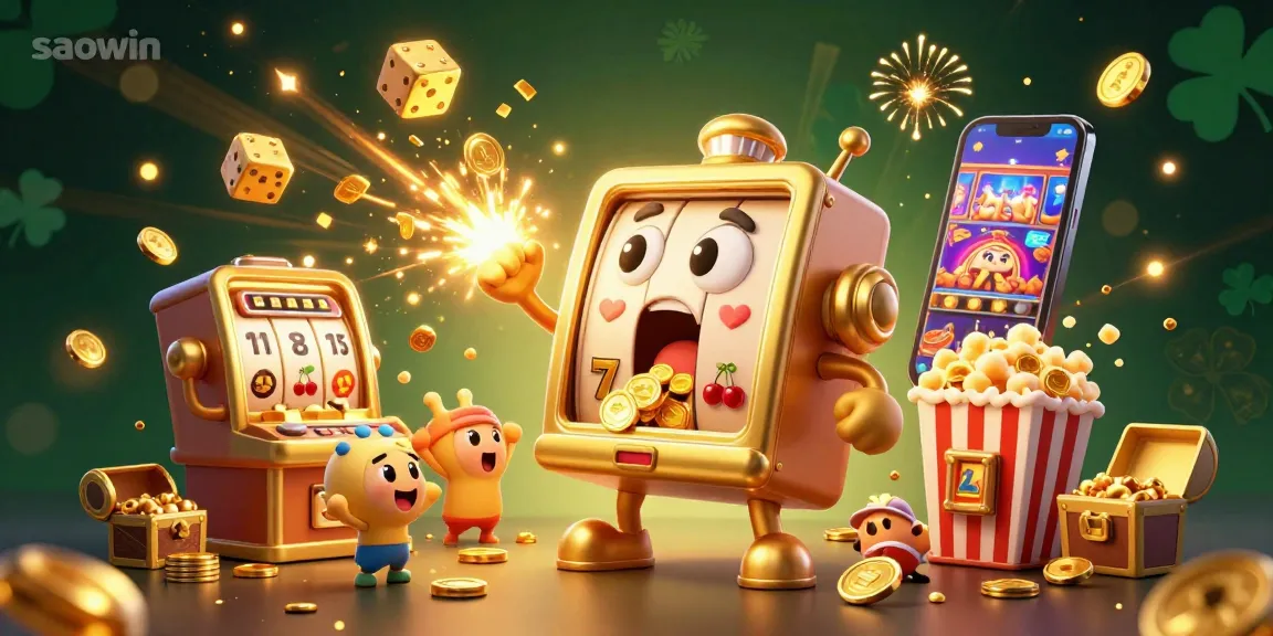 Experience thrilling gameplay with saowin's golden slot machine celebrating a jackpot with colorful casino graphics.