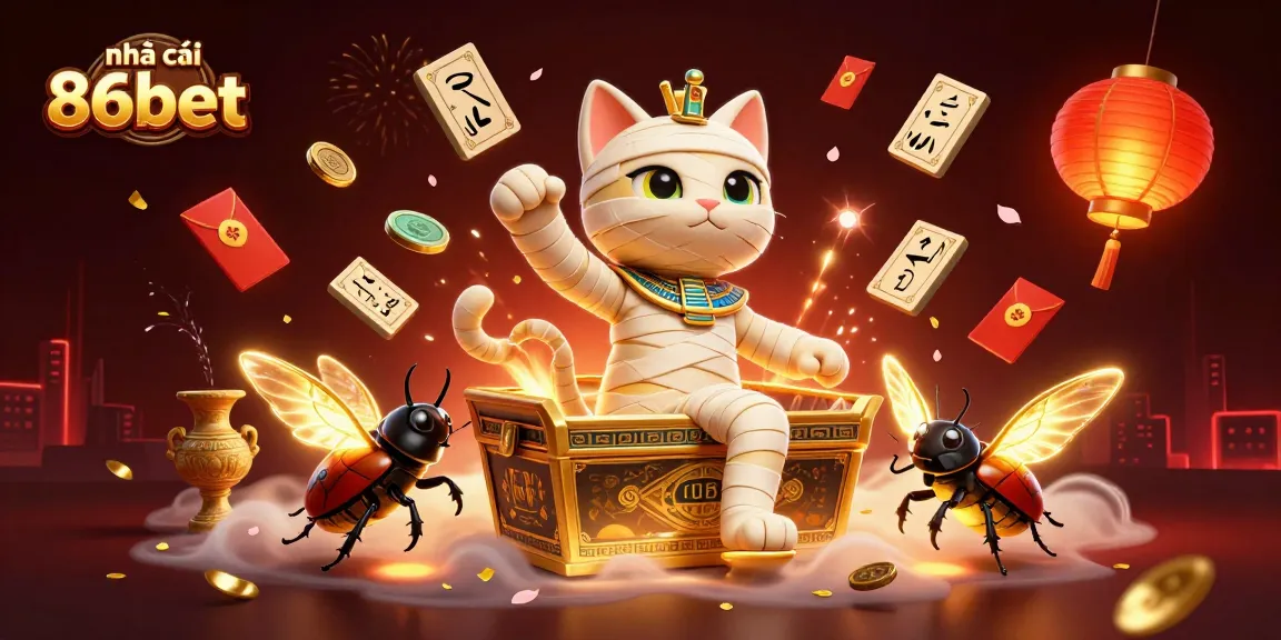 Engage with nhà cái 86bet through an exciting 3D scene of a mummy cat in a dynamic casino setting.
