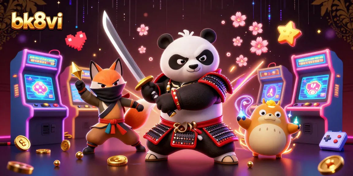 Experience thrilling gaming at bk8vi with a vibrant samurai panda and ninja fox amidst dynamic casino visuals.