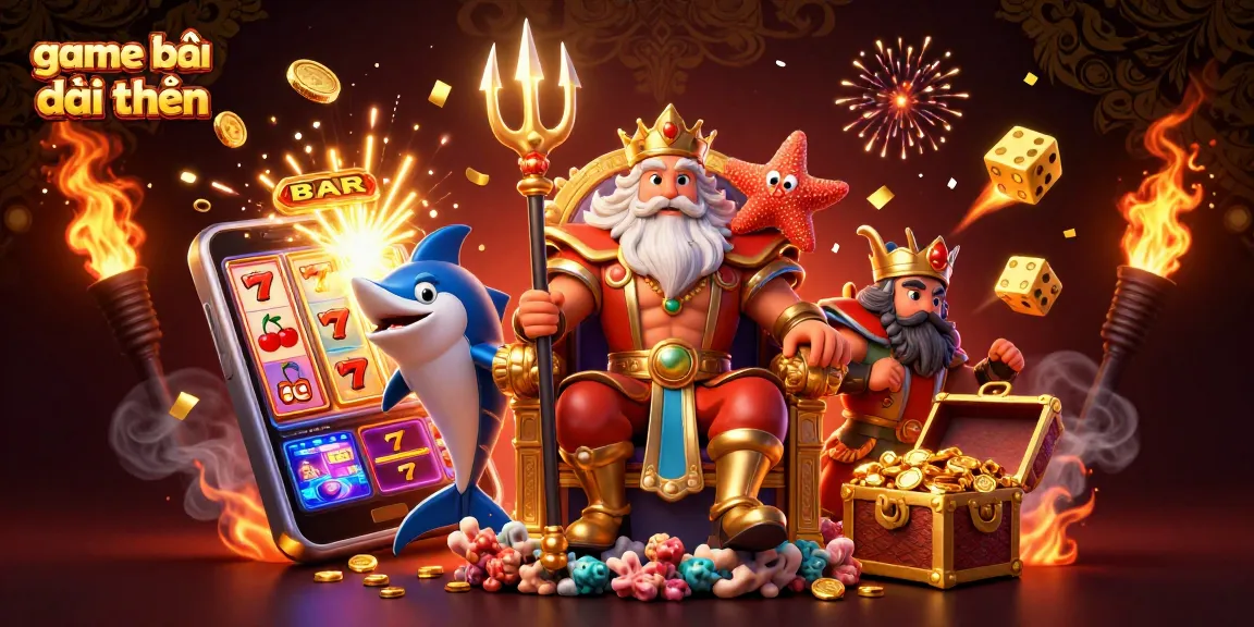 Engage in game bài đổi thưởng excitement with Neptune and characters amid dynamic casino elements.