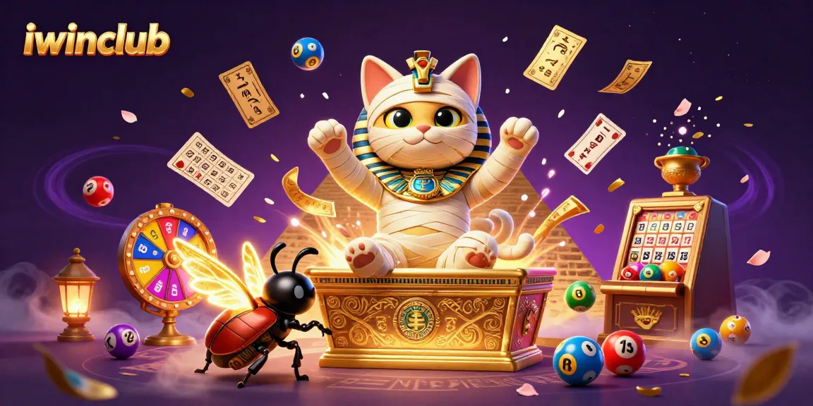 Iwinclub's vibrant 3D casino illustration showcases an Egyptian mummy cat in a pyramid casino surrounded by dynamic gaming elements.