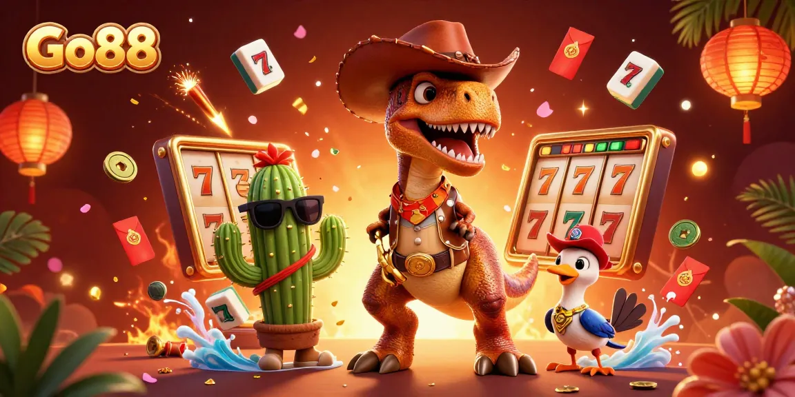 Experience the thrill of Go88 with a cartoony T-Rex, cactus, and roadrunner amidst vibrant gambling elements.
