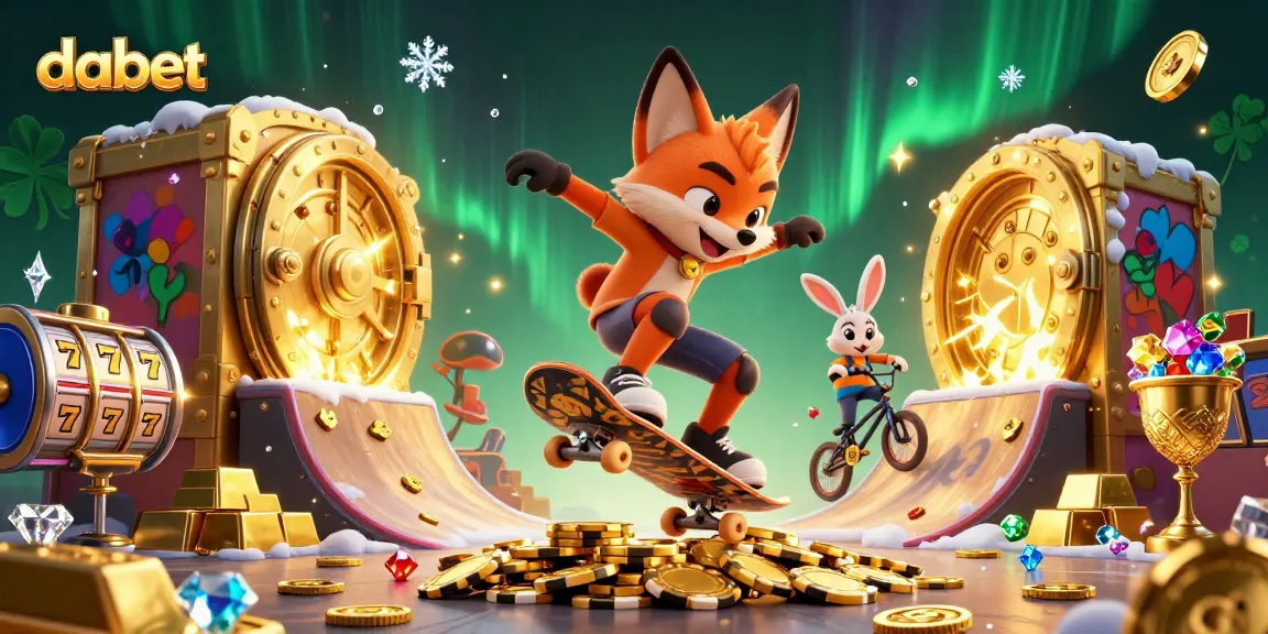 Experience thrilling gameplay at dabet with a cartoon fox performing tricks among casino themes and golden treasures.