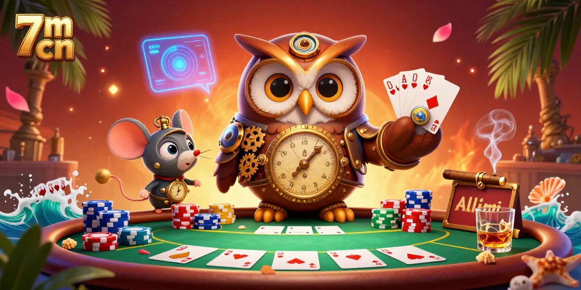 Amazing 7m cn steampunk owl and mouse embark on a poker adventure amidst an extravagant casino setting.