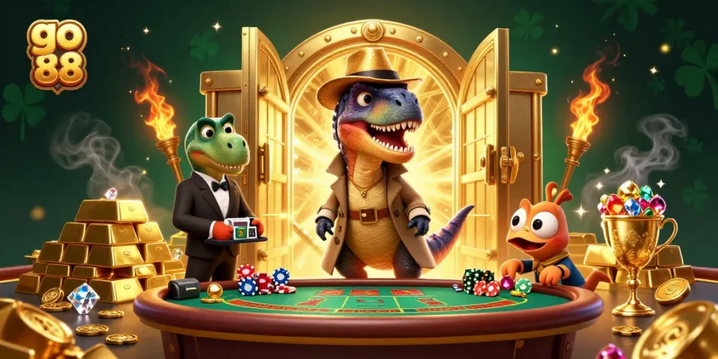 Experience fun at go 88 with this vibrant casino scene featuring a velociraptor card counter and more.