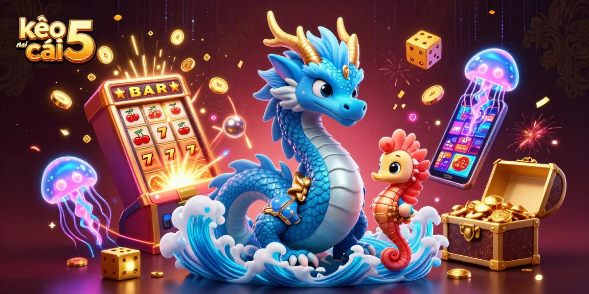 Engage with kèo nhà cái 5 in this vibrant 3D scene filled with dragons, seahorses, and exciting casino elements.