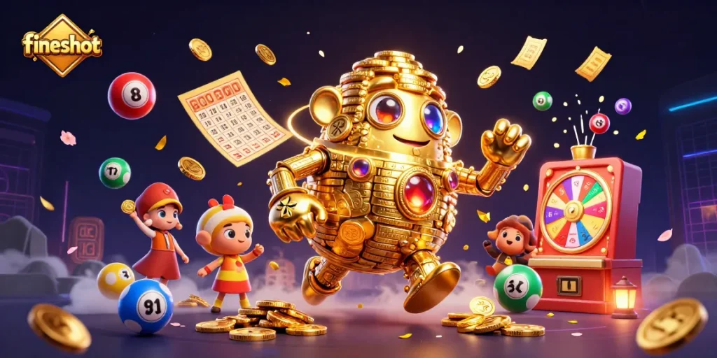 Experience thrilling gameplay with fiveshot, featuring a dazzling 3D golden golem and vibrant casino elements.
