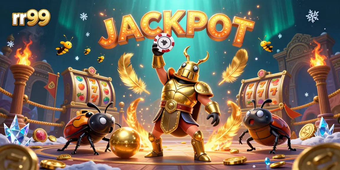 Celebrate a jackpot win with rr99 as beetles and fireflies illuminate a vibrant casino scene.