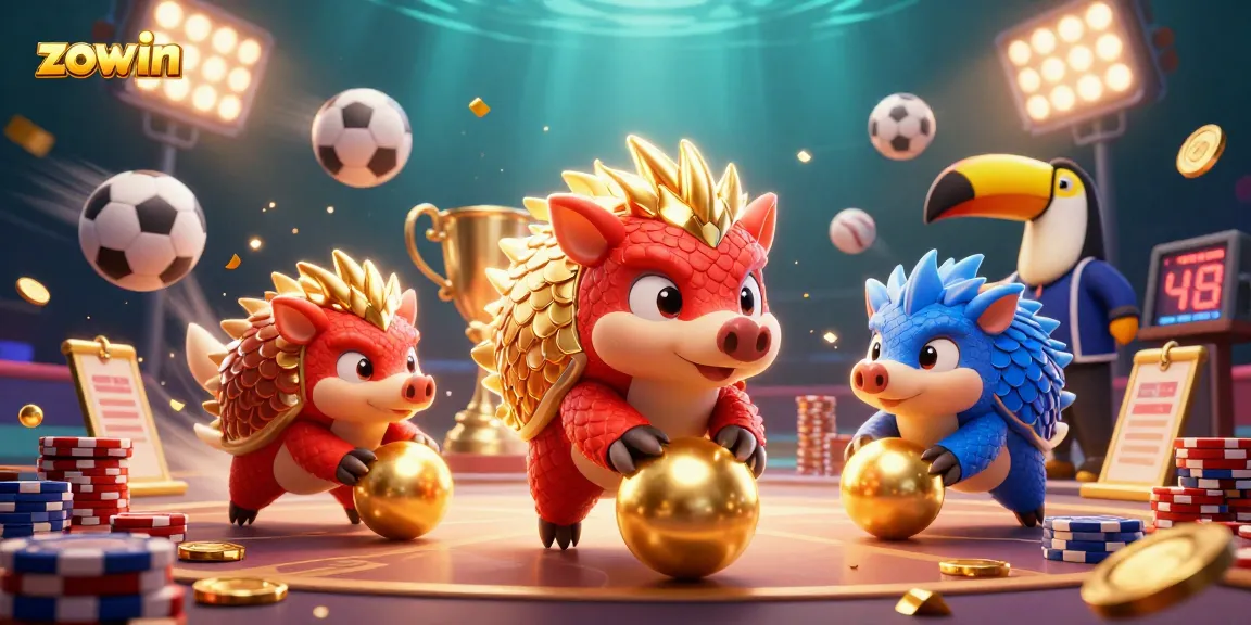 Zowin thrills as rival pangolins compete in a vibrant casino scene packed with dynamic sports elements.
