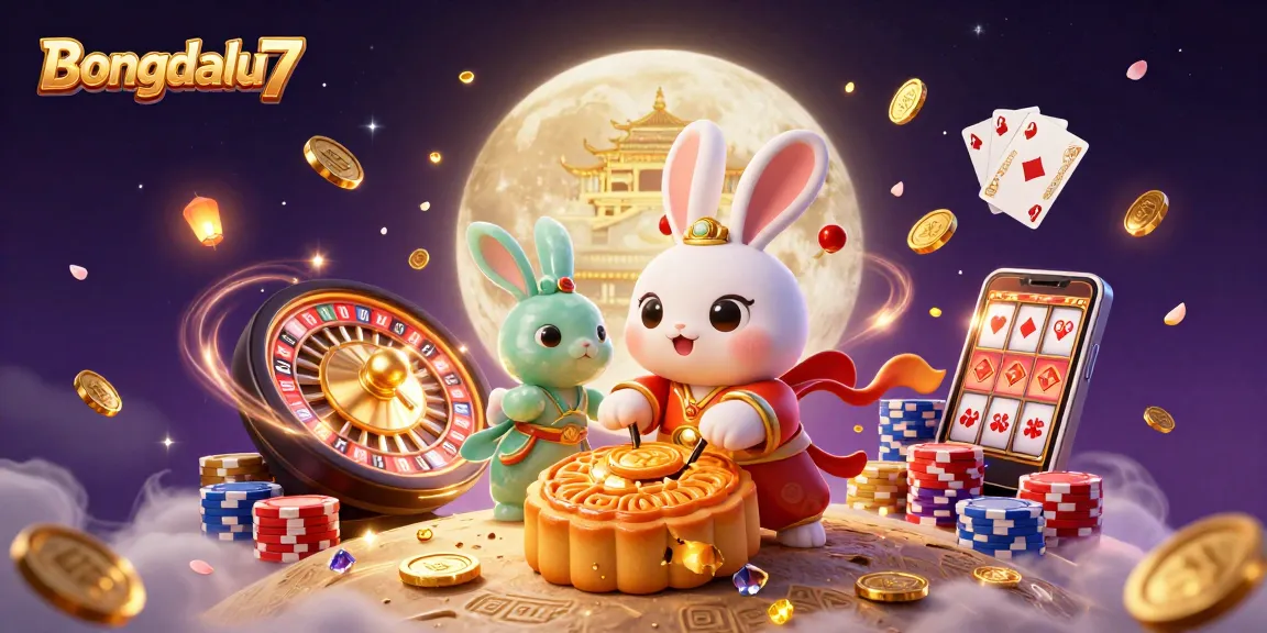 Bongdalu7 showcases a vibrant casino scene where moon rabbits unveil poker chips inside mooncakes surrounded by casino elements.