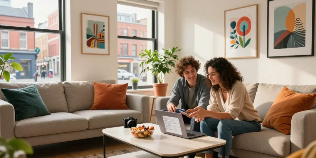 Urban apartment scene illustrating Airbnb management company Manchester with welcoming decor and friendly couple discussing property listings.