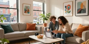 Urban apartment scene illustrating Airbnb management company Manchester with welcoming decor and friendly couple discussing property listings.