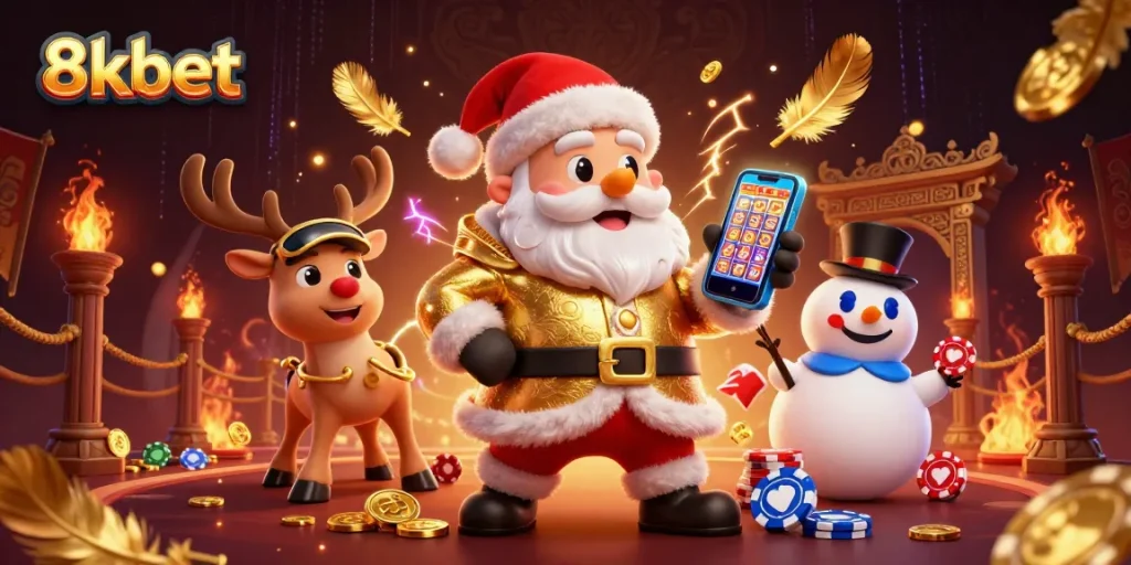 Engage with 8xbet's exciting casino experience, featuring Santa and friends amidst vibrant gaming elements.