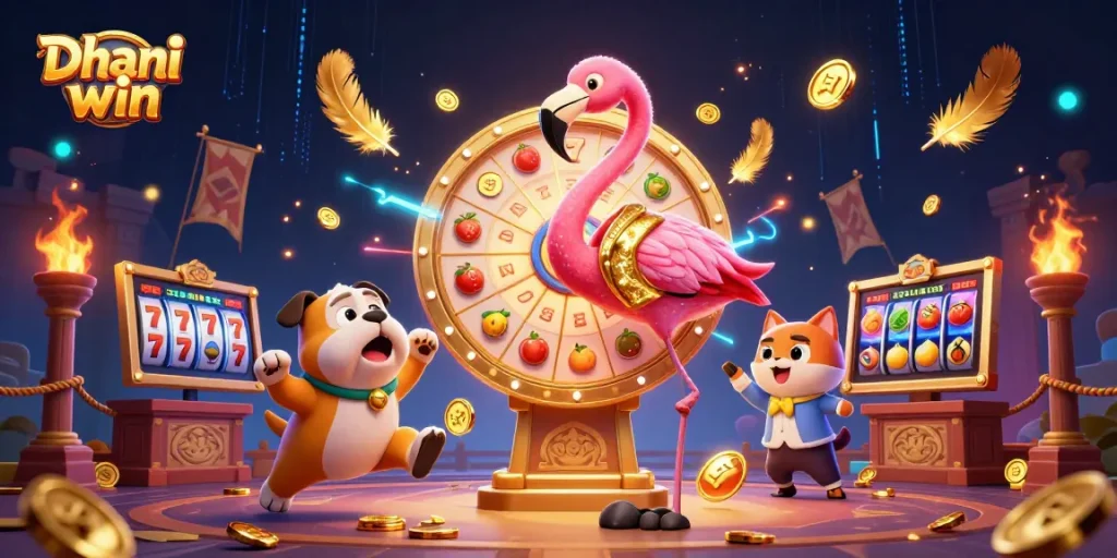 Dhani win gaming scene with a flamingo host and bulldog contestant spinning a prize wheel.
