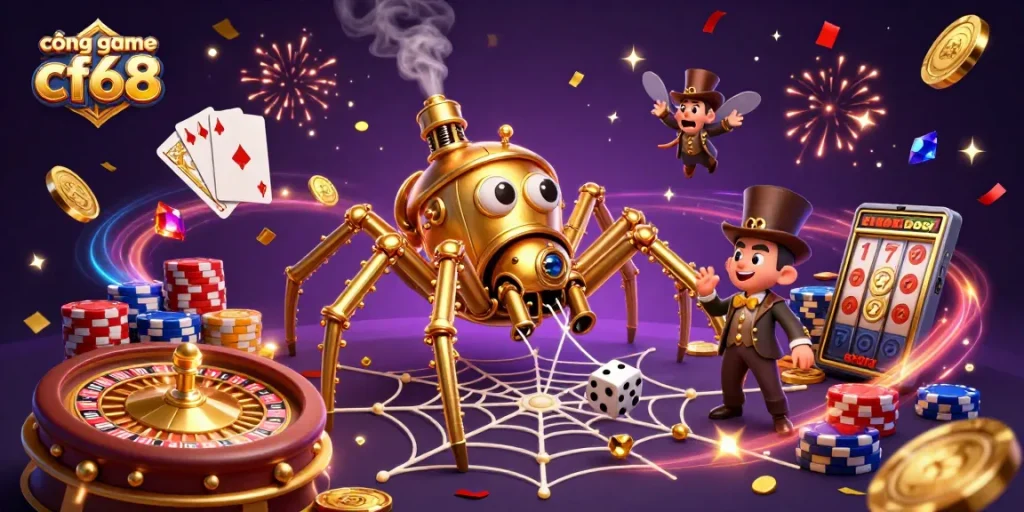 Experience the excitement of cổng game cf68 with a vibrant steampunk scene of gaming elements.