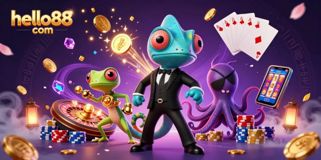 Experience thrilling gambling at hello88 com with a vibrant casino scene of chameleon agents and riches.
